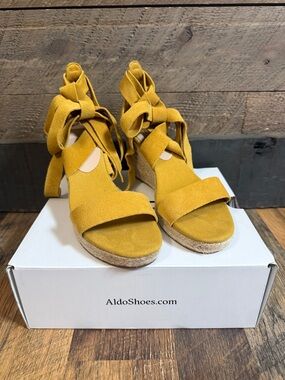 Aldo Laretta Mustard Yellow Lace-Up Espadrille Wedge Sandals Size 8 1/2